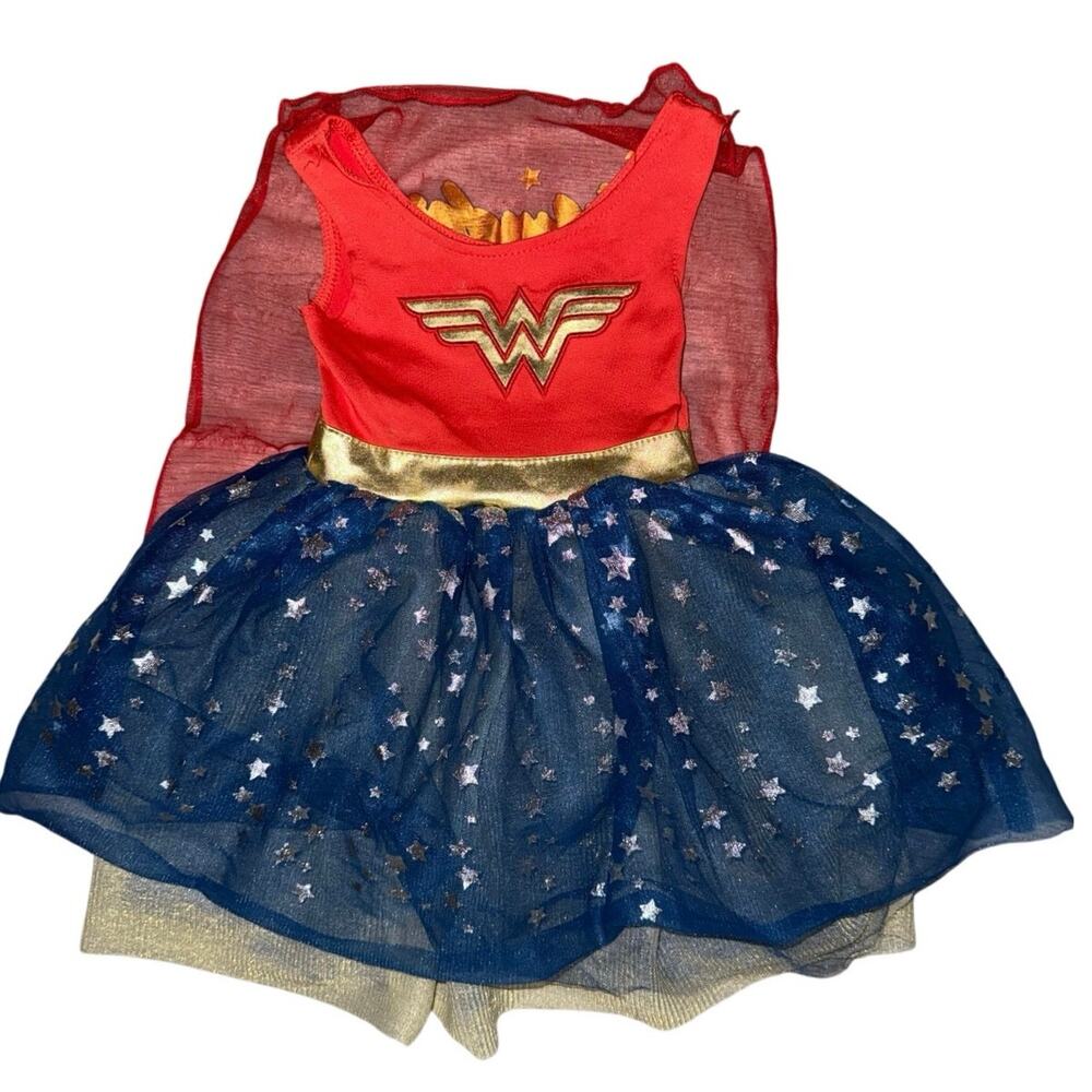 Wonder Woman Dc Comics Girls Fit & Flare Dress Red Blue Stars Mesh Pullover 12 m